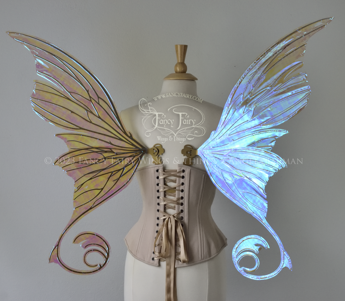 Back view of a dress form wearing an underbust corset & large blue iridescent fairy wings with lots of intricate veins, some have 'thorns'. Upper panels curve slightly downwards along top edge with pointy tips, bottom panels have tails