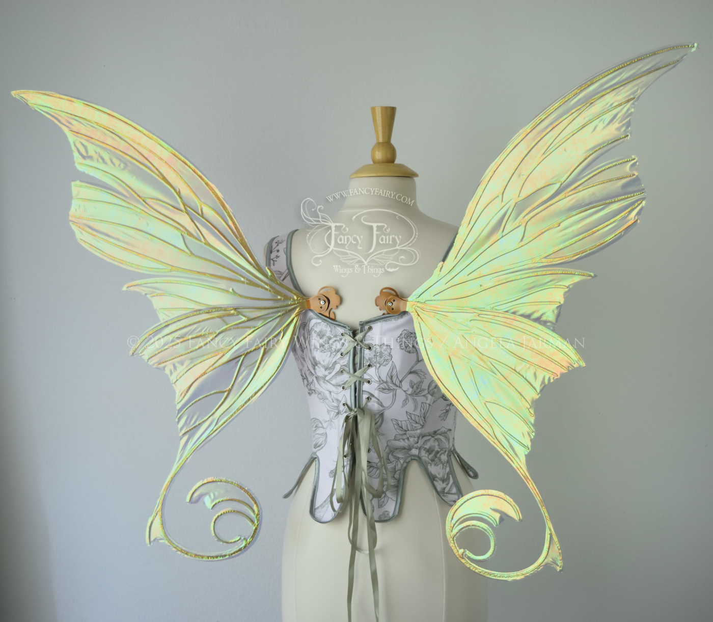 Large light green & orange iridescent fairy wings with lots of intricate veins, some with 'thorns'. The upper panels curve slightly downwards along the top edge with pointy tips, the bottom panels have tails that curve inward toward the body. Worn on a dress form which is also wearing white & sage green floral stays / bodice, back view
