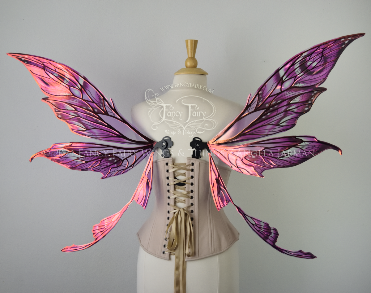 Back view of pointy tipped pink & black iridescent wings in with black detailed veins, worn on a dressform
