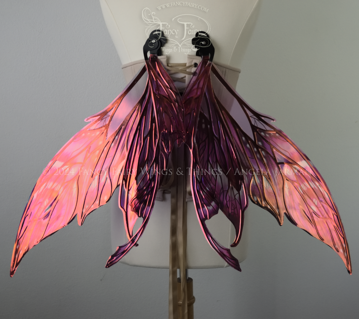 Back view of pointy tipped pink & black iridescent wings in with black detailed veins, worn on a dressform, in resting position
