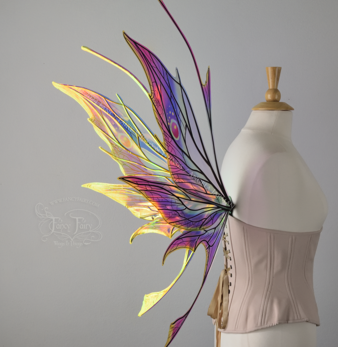 Back left 3/4 view of a dress form wearing an underbust corset & large rainbow iridescent fairy wings featuring antennae along the top. Upper panels come to a point, bottom panels have tails. Spikey, detailed black veins