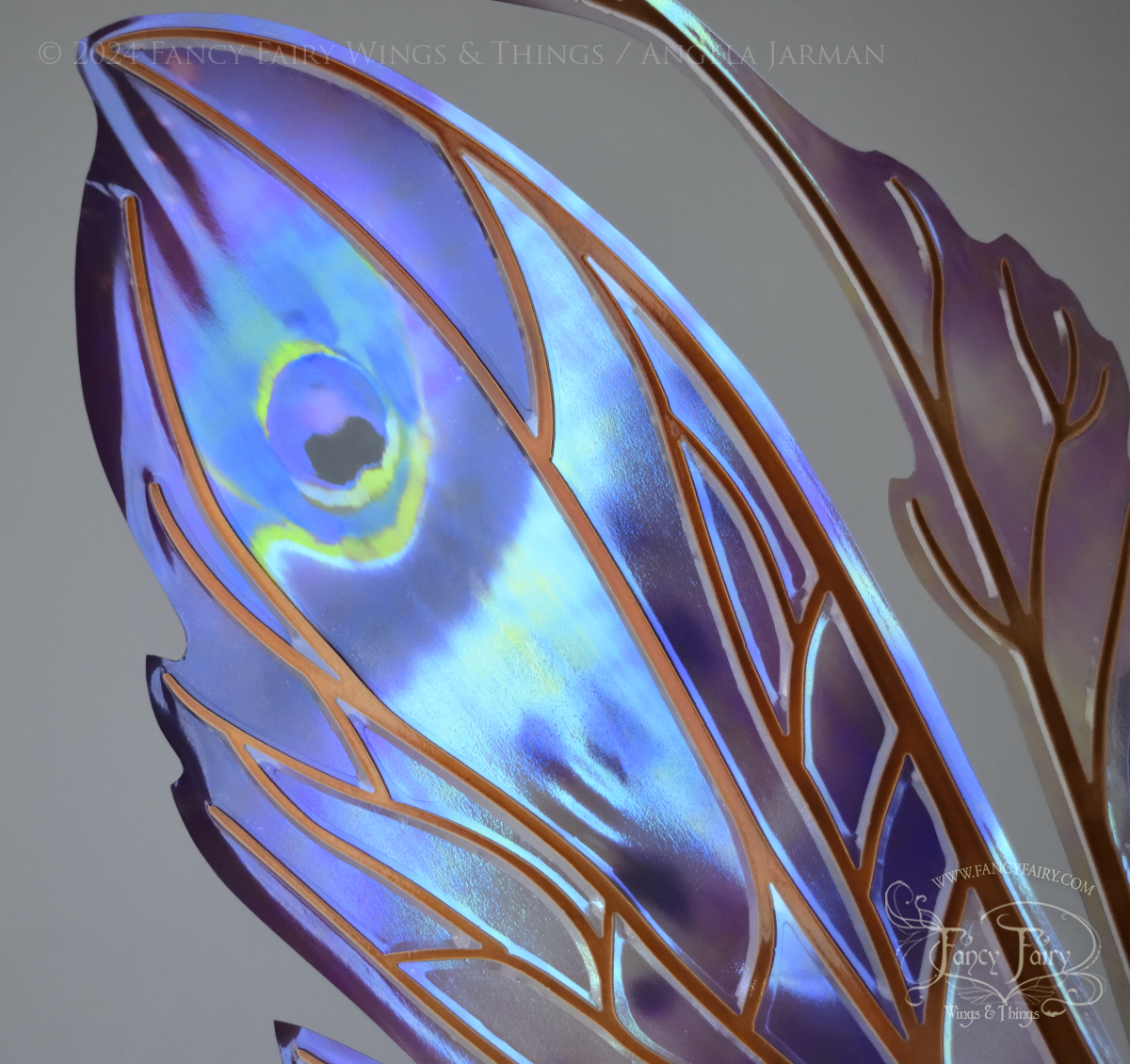 Closeup of iridescent blue and purple fairy wings with copper veins