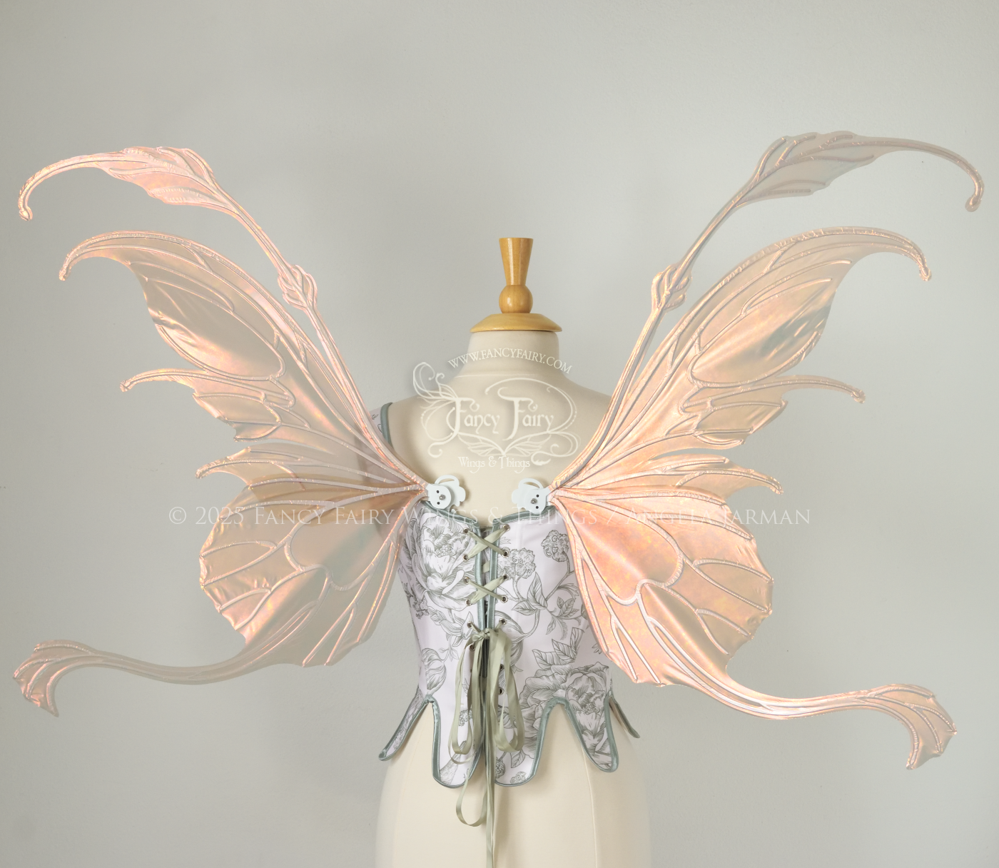 Rose gold iridescent transparent fairy wings with antennae and tails on the bottom panels with white veins, worn on a dress form, back view