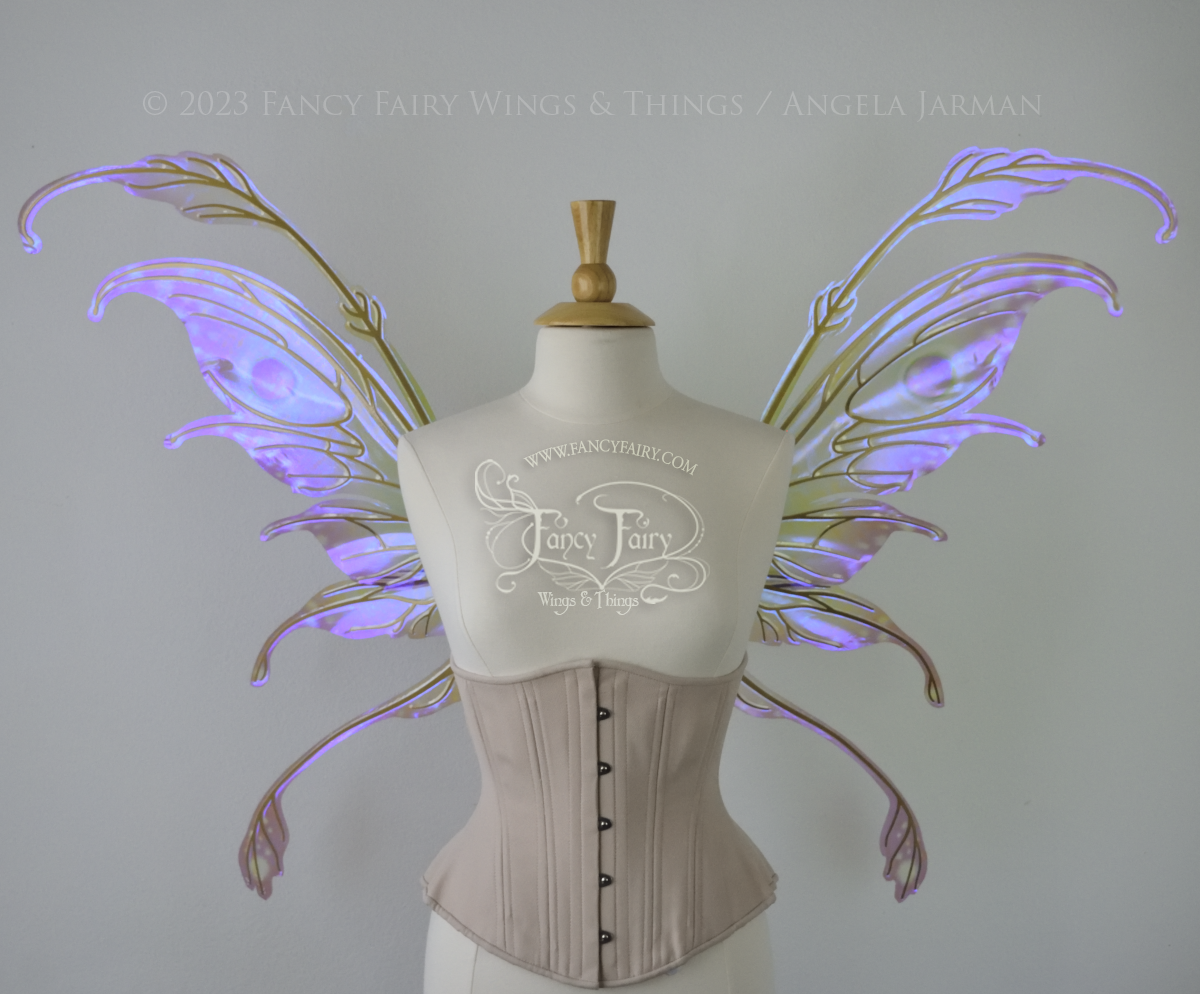 Front view of a dress form wearing an underbust corset & 'Fauna' transparent pink, violet & green iridescent fairy wings with downward curved tips, antennae & wispy 'tails', with gold veining