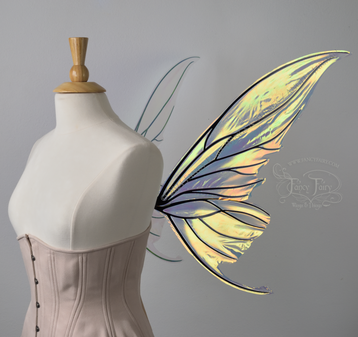 Iridescent transparent green / orange / yellow fairy wings with small tails & black veins worn on a dress form, right side view