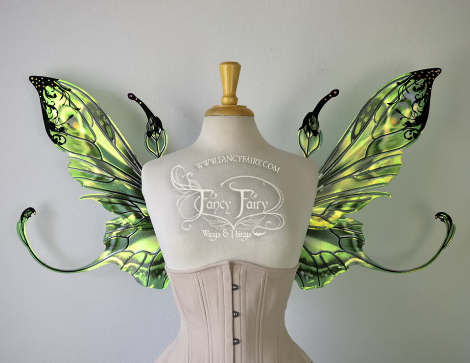 Elvina "Absinthe & Arsenic" Flocked Iridescent Convertible Fairy Wings with AB Crystals