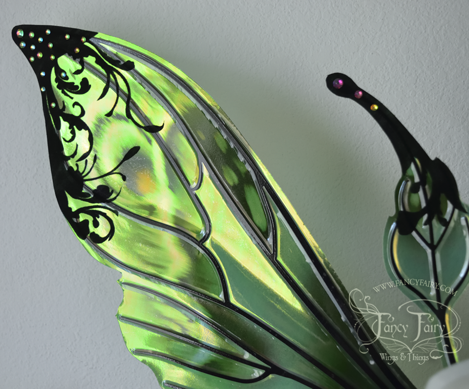 Elvina "Absinthe & Arsenic" Flocked Iridescent Convertible Fairy Wings with AB Crystals