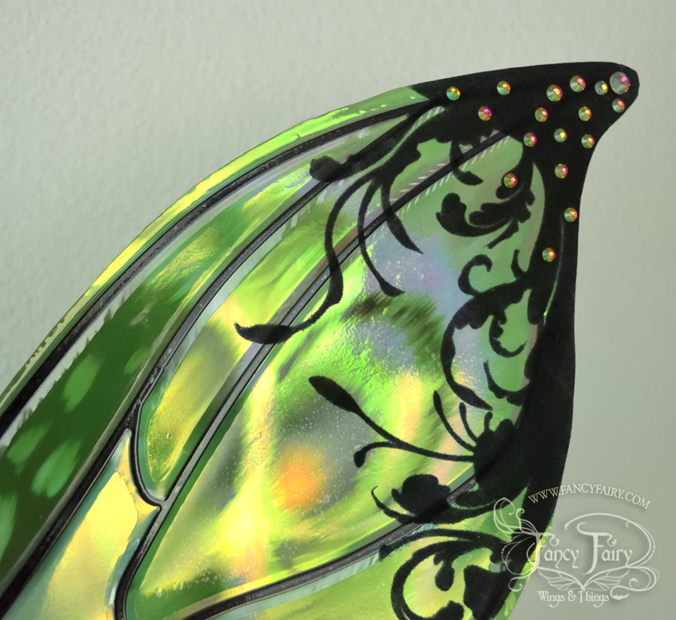 Elvina "Absinthe & Arsenic" Flocked Iridescent Convertible Fairy Wings with AB Crystals