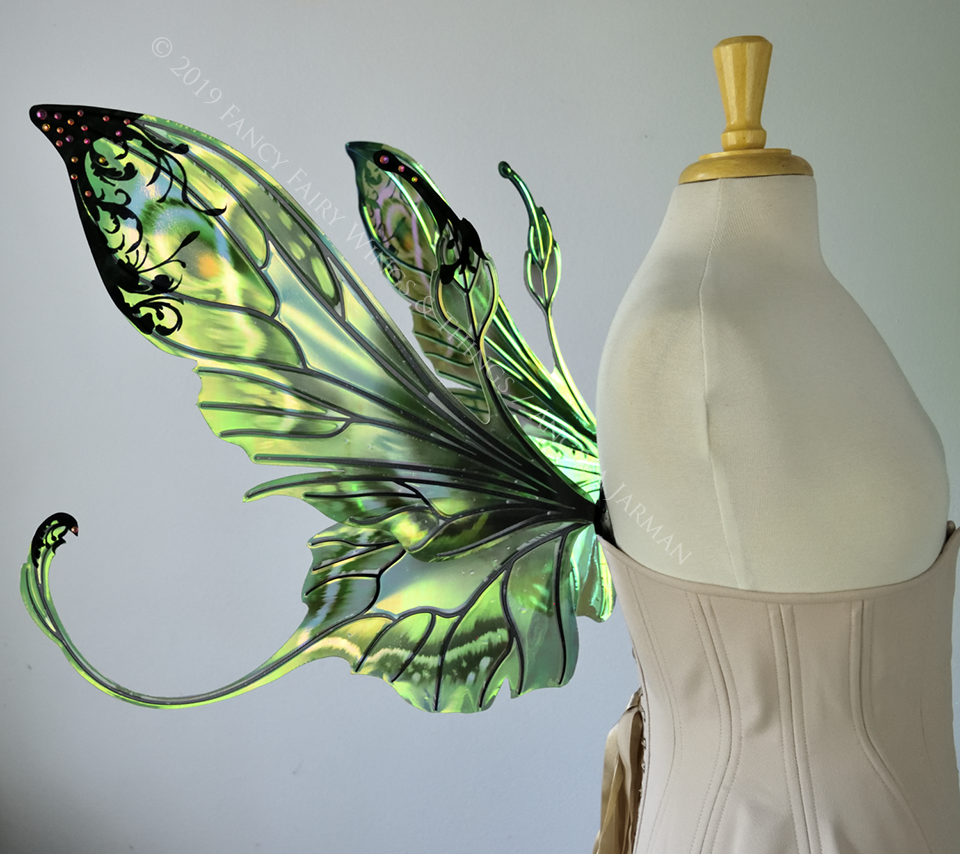 Elvina "Absinthe & Arsenic" Flocked Iridescent Convertible Fairy Wings with AB Crystals