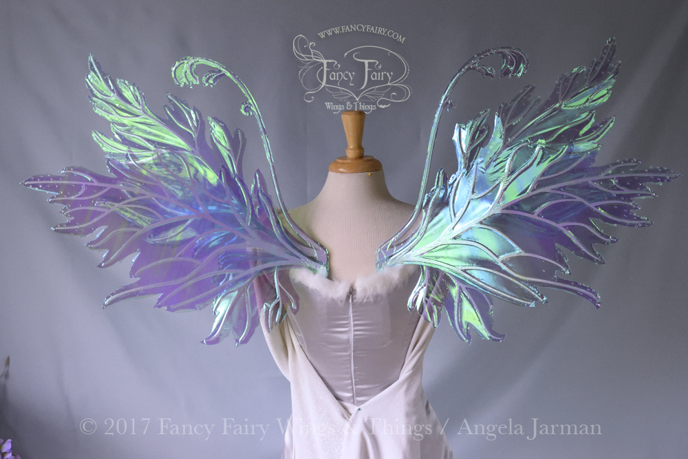 Acorn / Rowan Hybrid Iridescent Fairy Wings in Aquamarine with Pearl Veins and Swarovski Crystals