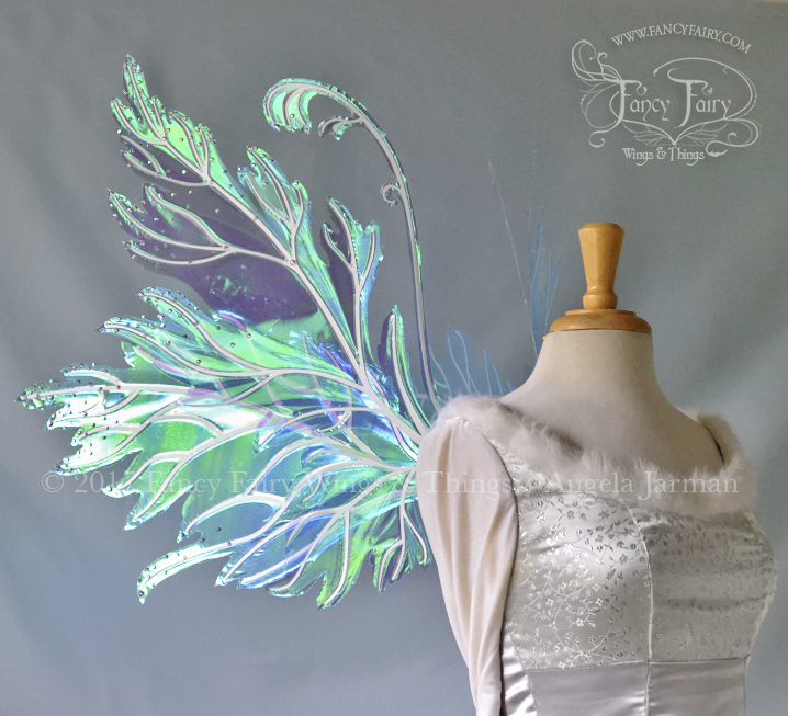 Acorn / Rowan Hybrid Iridescent Fairy Wings in Aquamarine with Pearl Veins and Swarovski Crystals