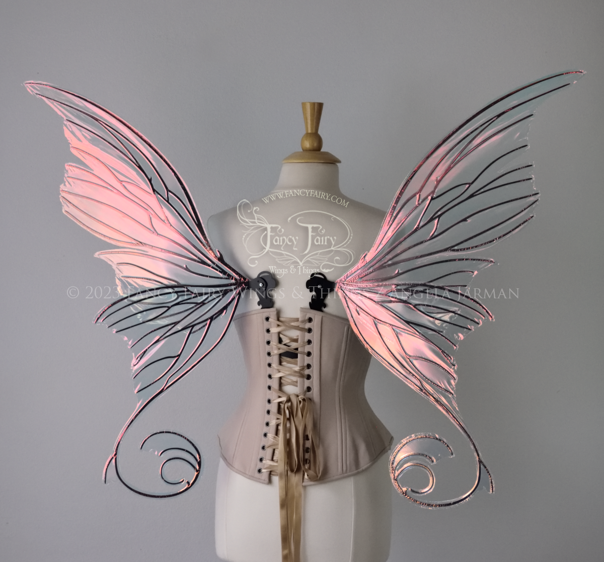 Back view of an ivory dress form wearing an alabaster underbust corset and large pink / orange iridescent fairy wings with lots of intricate black veins, some have 'thorns'. Upper panels curve slightly downwards along top edge with pointy tips, bottom panels have tails