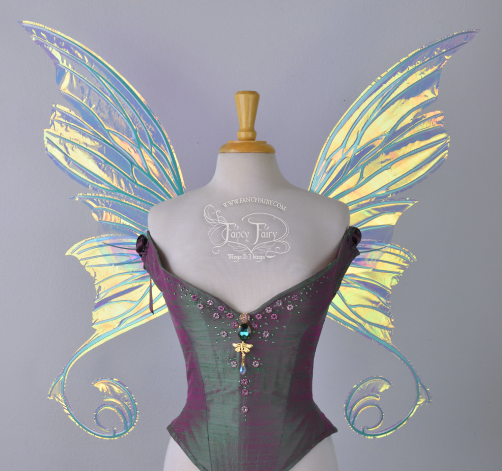 Aphrodite Iridescent Fairy Wings in Clear Diamond Fire with Green Veins