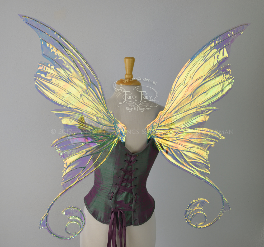 Aphrodite Iridescent Fairy Wings in Clear Diamond Fire with Green Veins