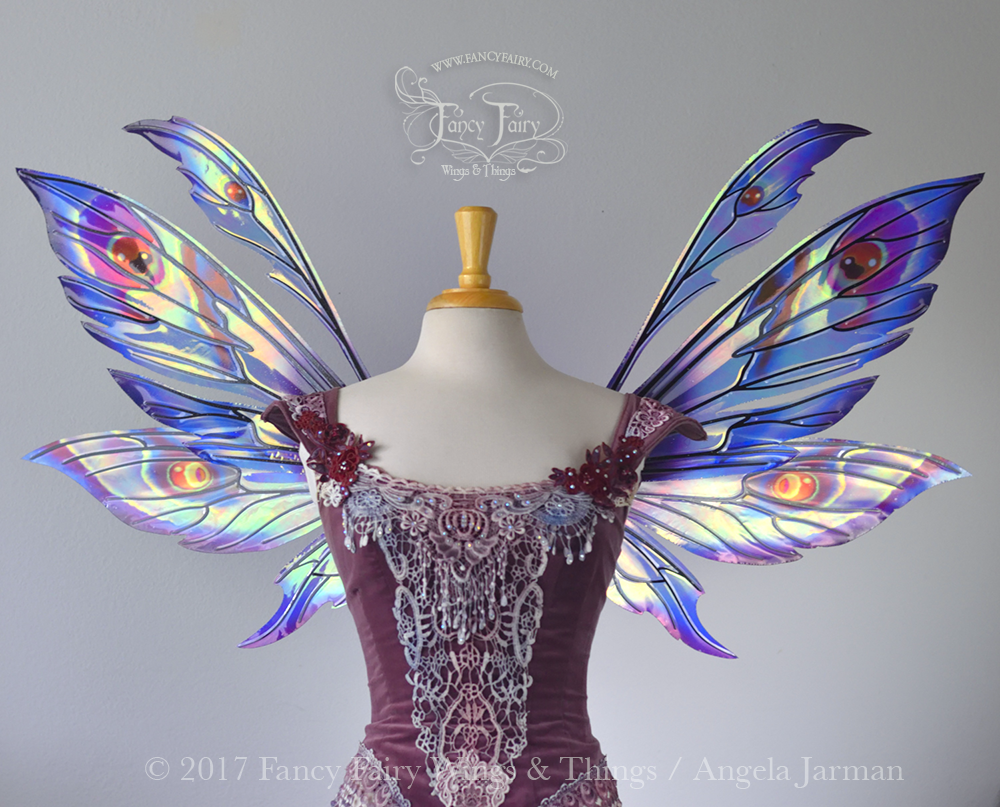Aynia Painted Iridescent Fairy Wings in Blues, Blacks and Reds