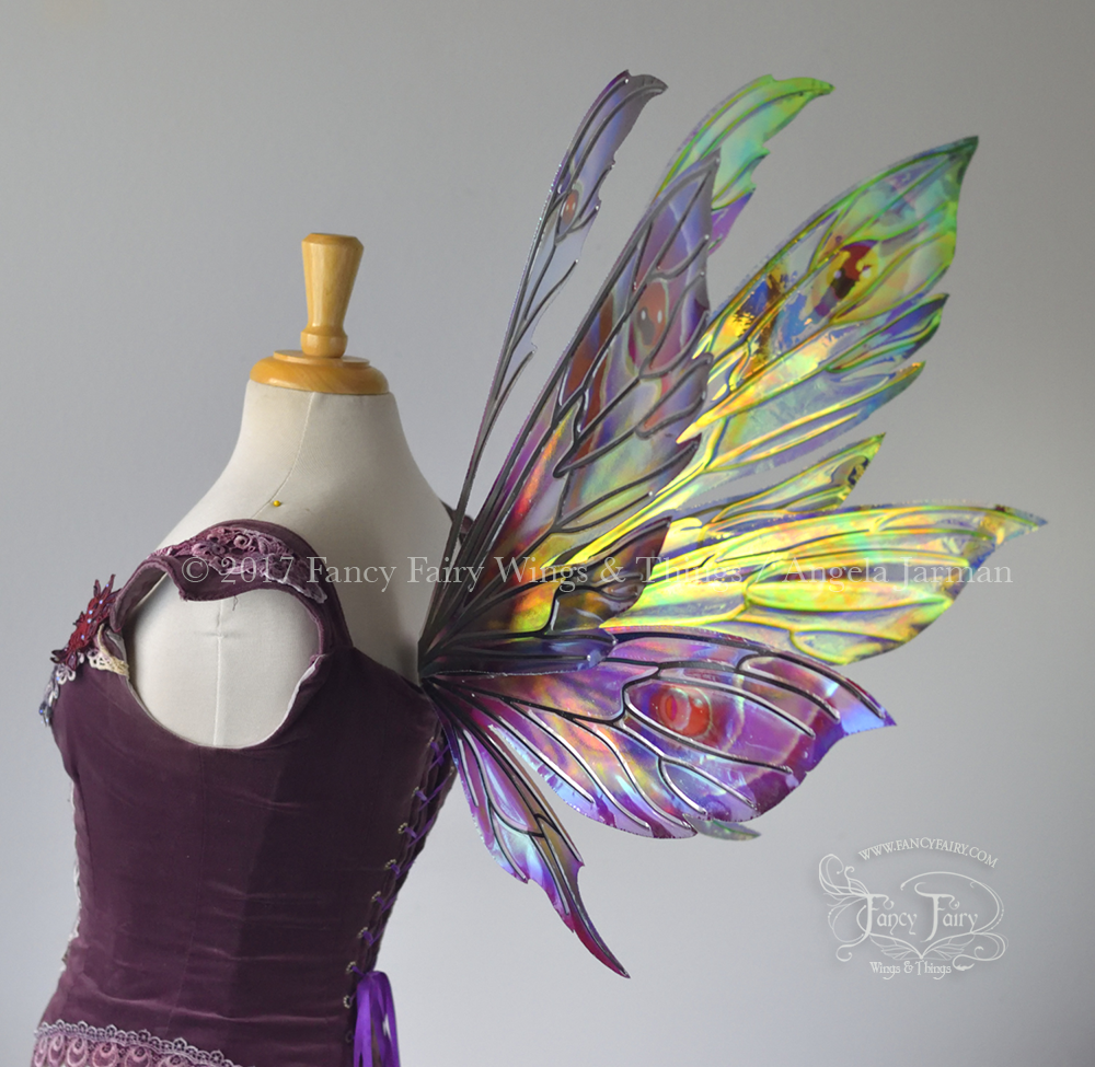 Aynia Painted Iridescent Fairy Wings in Blues, Blacks and Reds