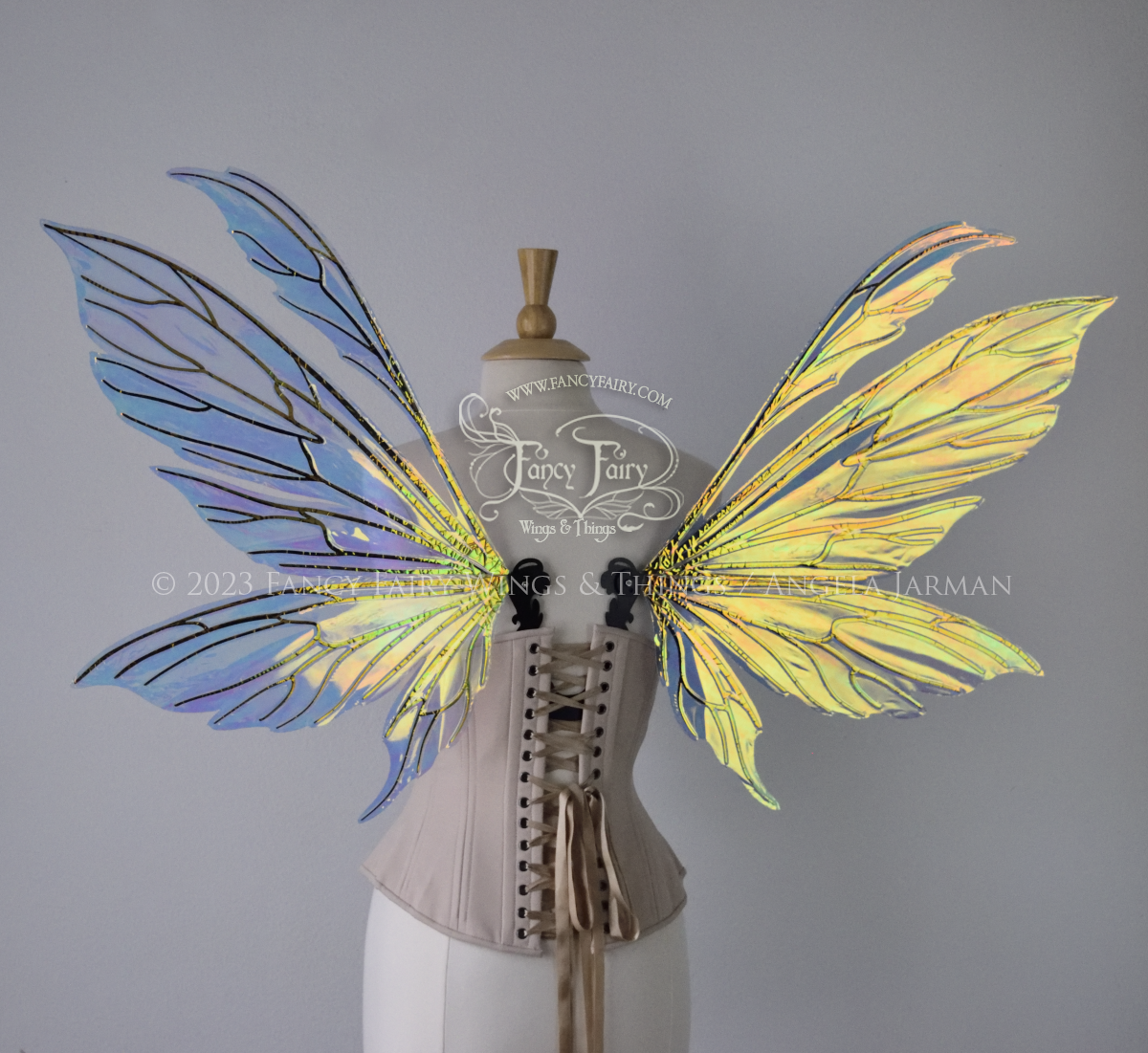 Transparent iridescent fairy wings with 3 panels on each side and antennae with black veins, worn on a dress form, back view