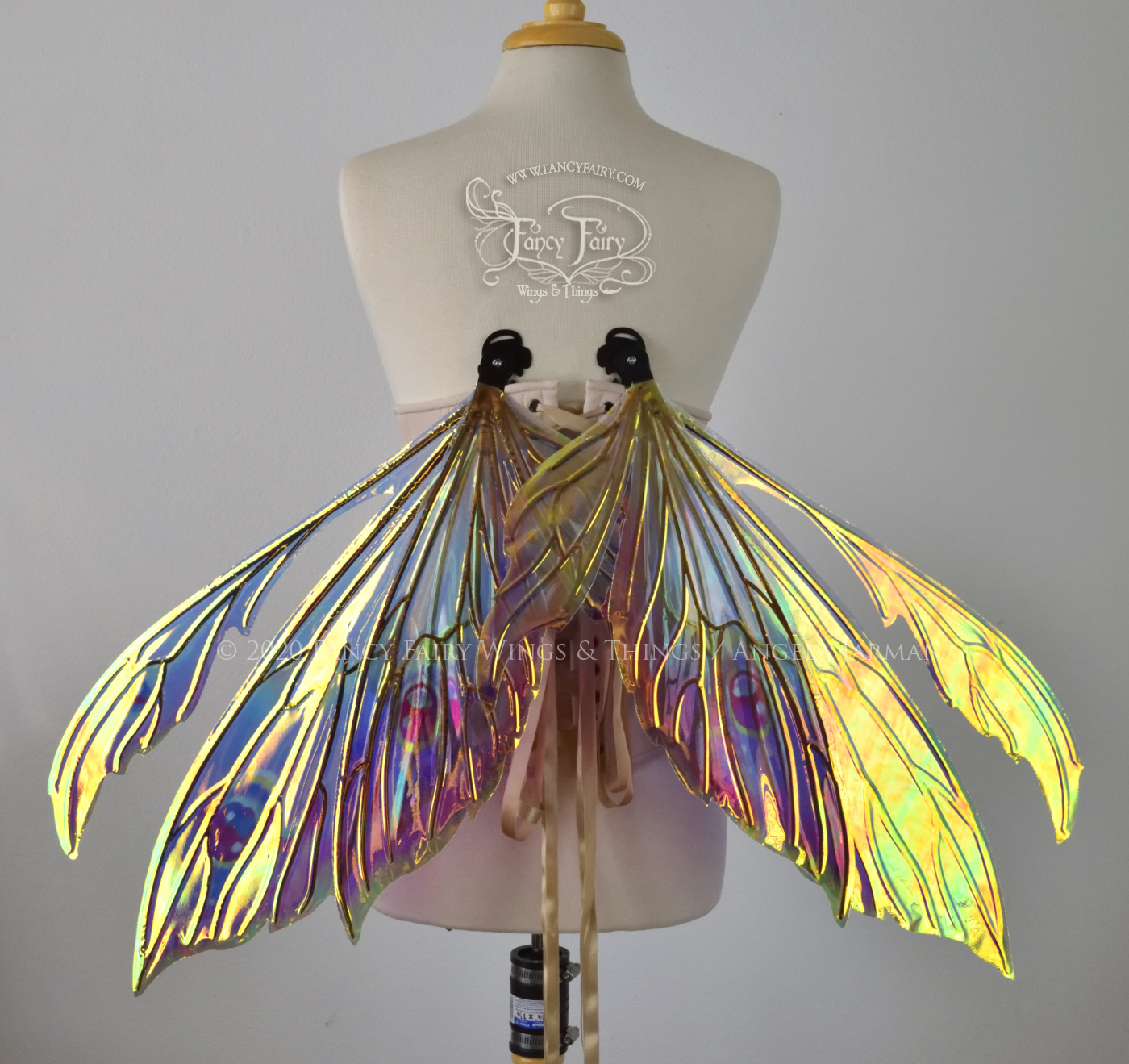 iridescent rainbow fairy wings with black veins, worn on a dress form, back view, in resting position