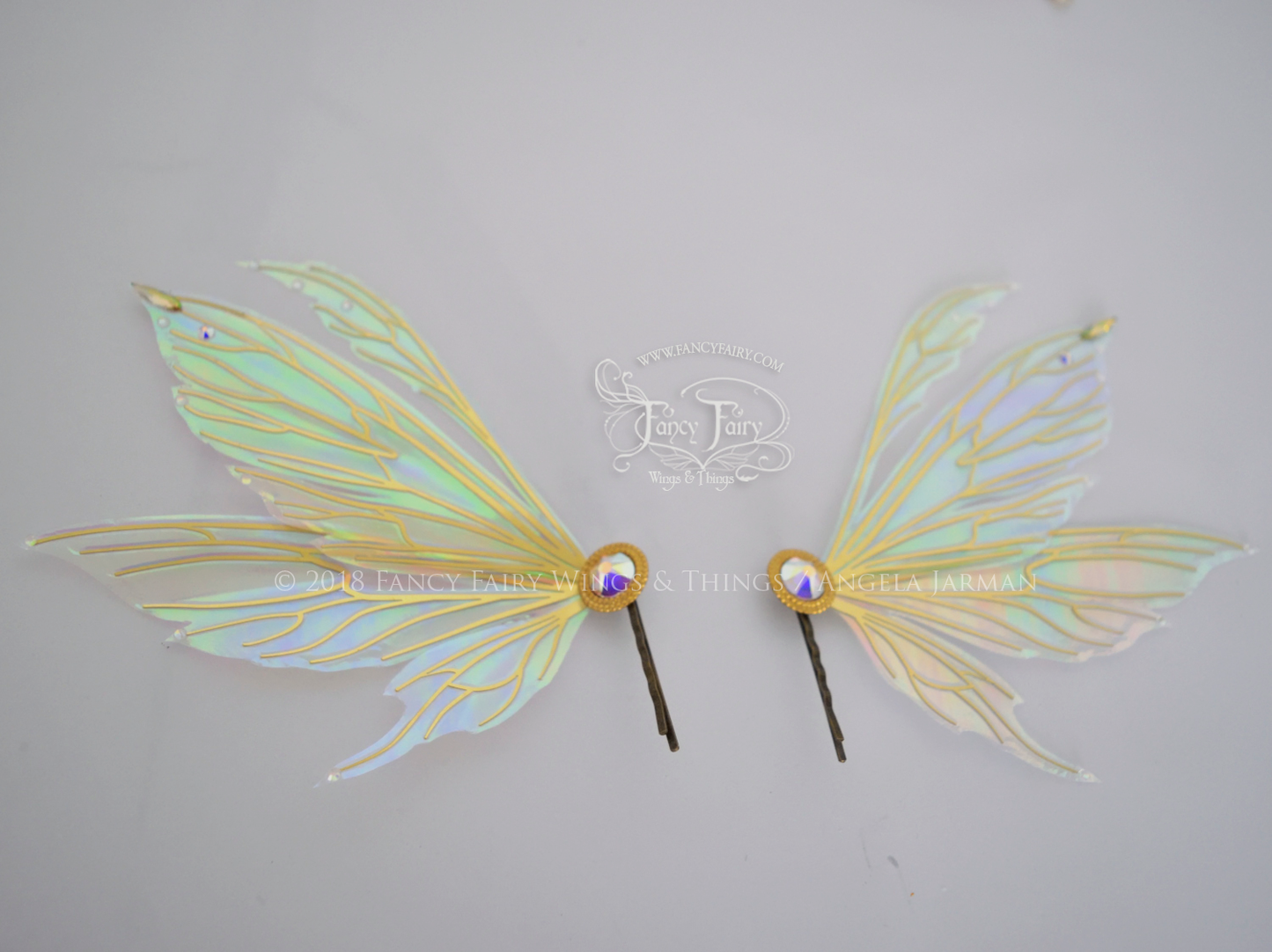Aynia 5 inch Fairy Wings Hair Pins in Iridescent Satin White with Brass Veins