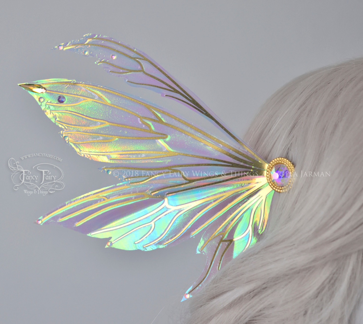 Aynia 5 inch Fairy Wings Hair Pins in Iridescent Satin White with Brass Veins