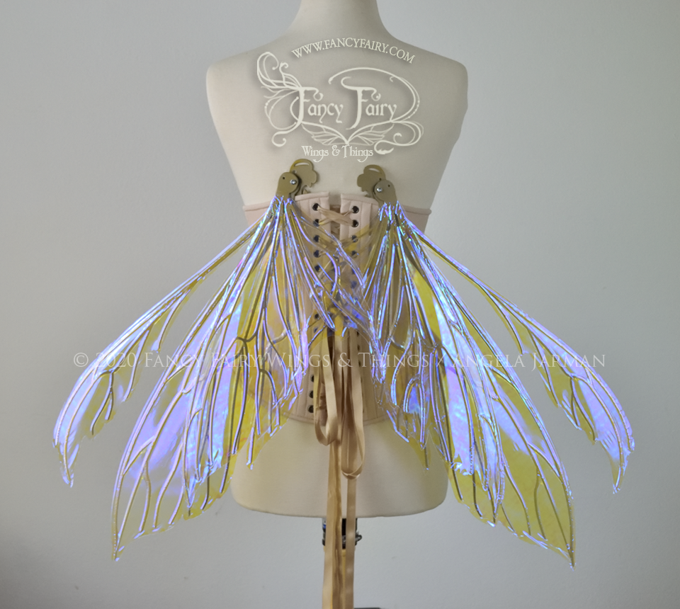 Aynia Convertible Iridescent Fairy Wings in Ultraviolet Iridescent with Candy Gold veins