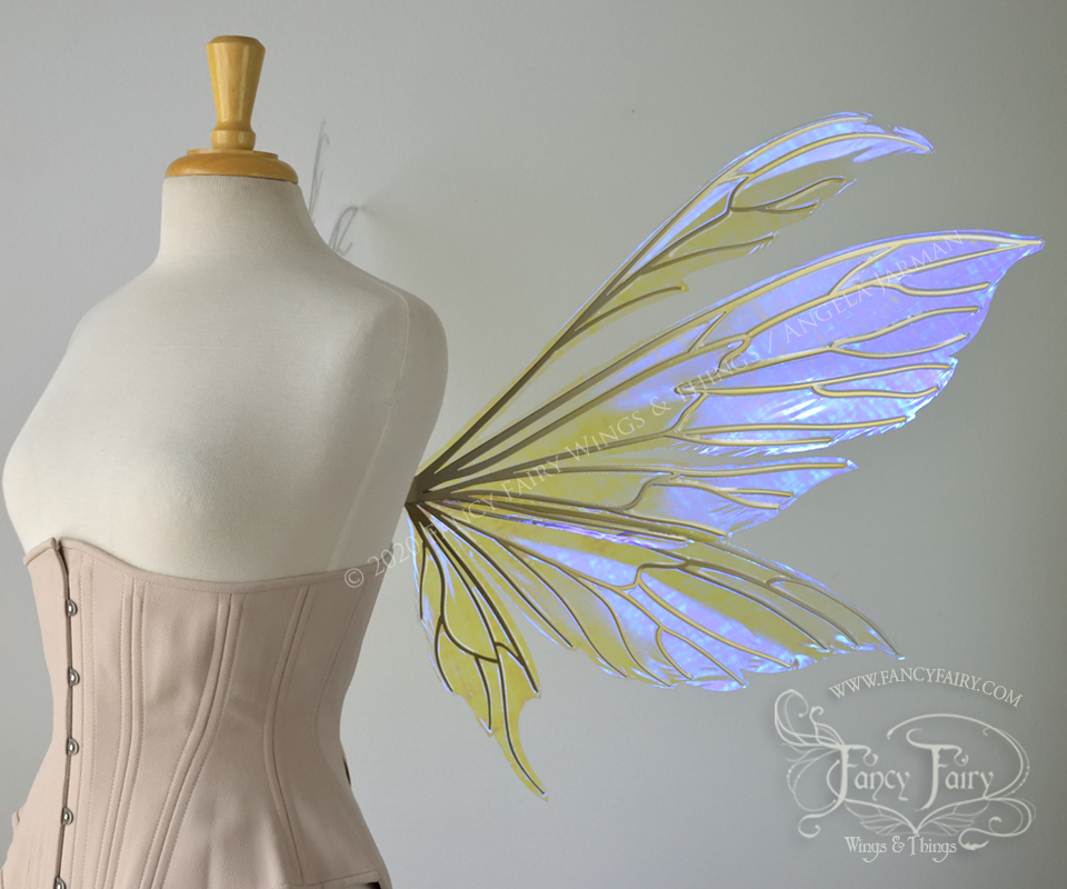 Aynia Convertible Iridescent Fairy Wings in Ultraviolet Iridescent with Candy Gold veins