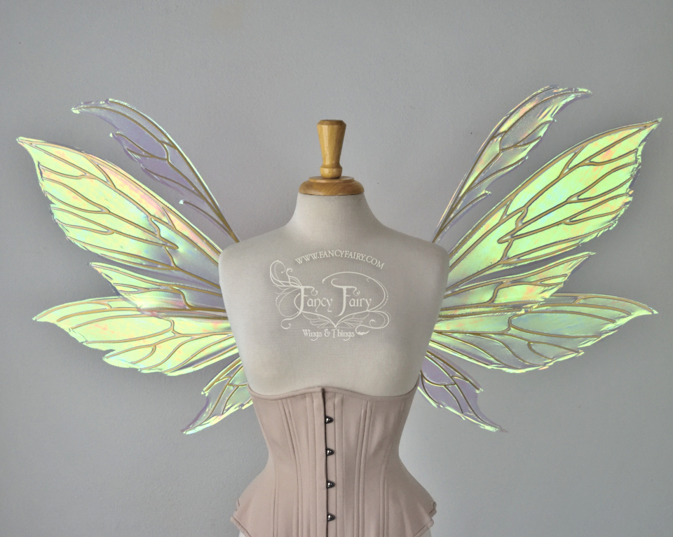 Aynia Iridescent Fairy Wings in White Satin Iridescent with Candy Gold veins