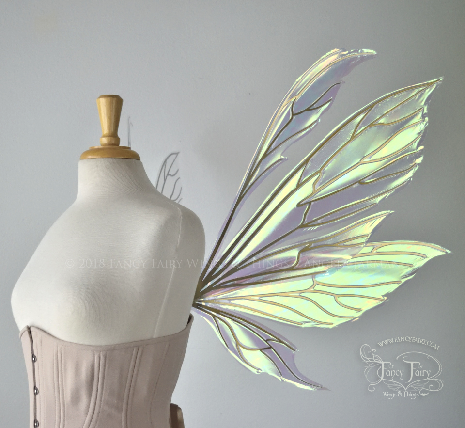 Aynia Iridescent Fairy Wings in White Satin Iridescent with Candy Gold veins