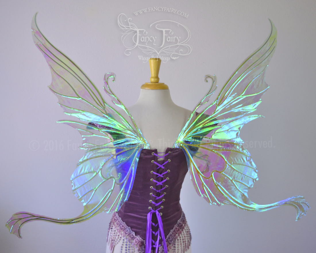 Serena Layered Iridescent Fairy Wings in Light Green with Gold veins