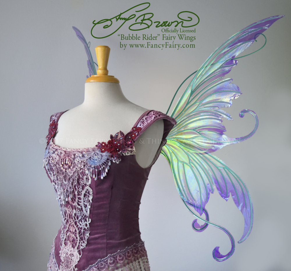 Officially Licensed Amy Brown 'Bubble Rider' Iridescent Fairy Wings Iris Painted with Green Veins