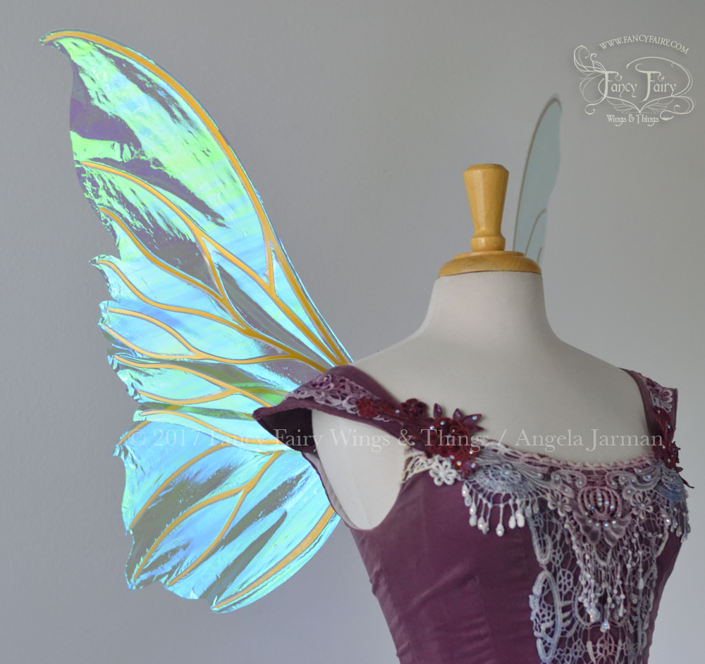 Clarion Iridescent Fairy Wings in Aquamarine with Gold veins