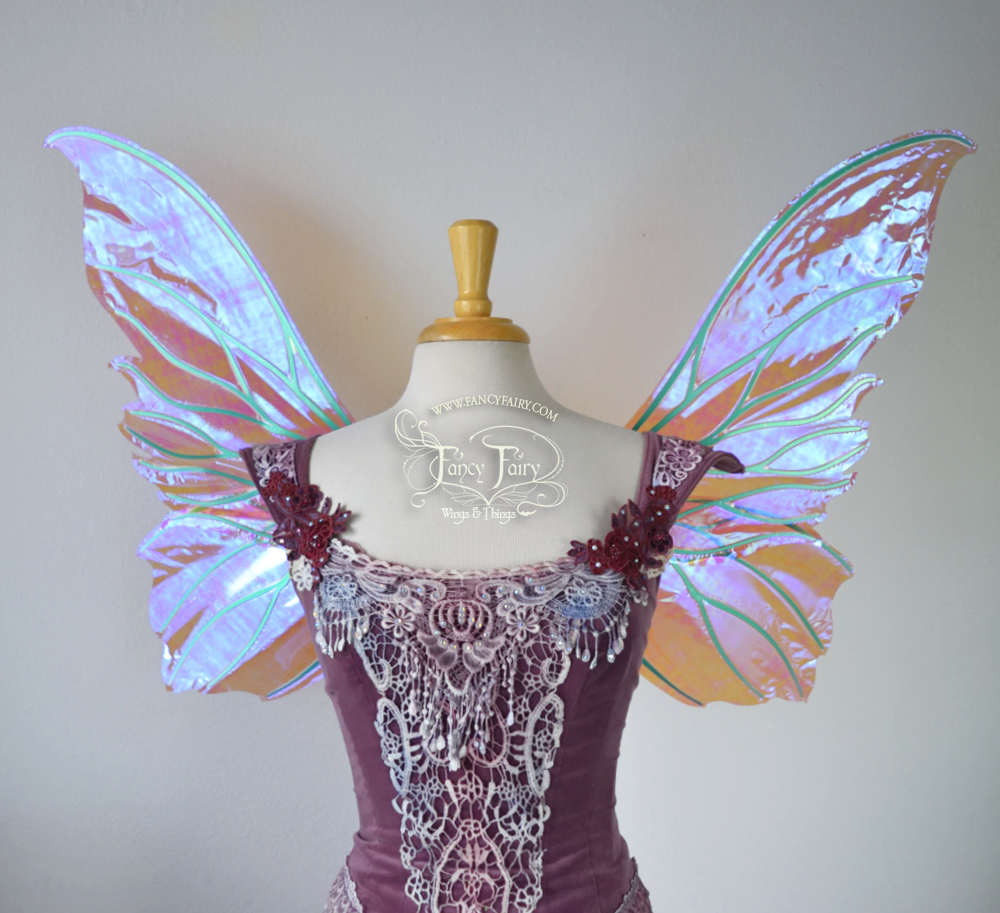 Clarion Iridescent Fairy Wings in Berry with Green veins