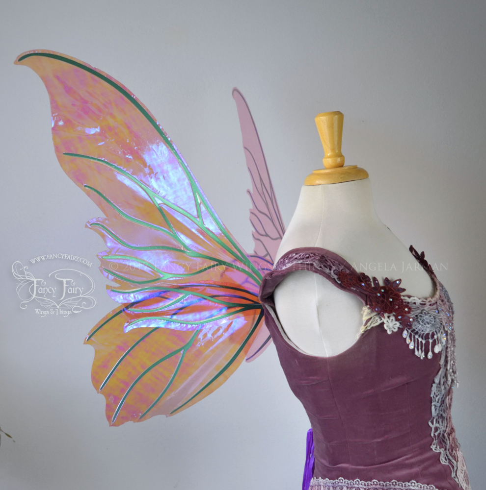 Clarion Iridescent Fairy Wings in Berry with Green veins