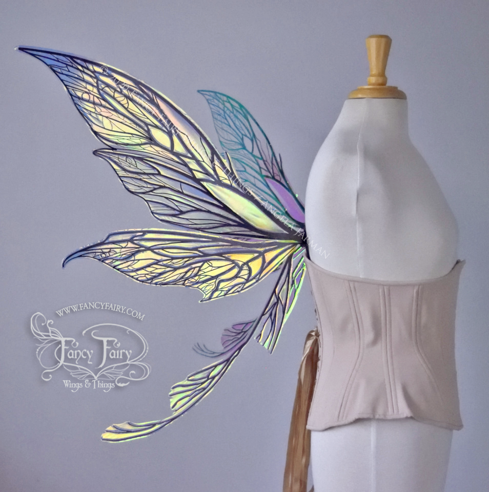 Colette Convertible Iridescent "Pix" Fairy Wings in Clear Diamond Fire with Black veins