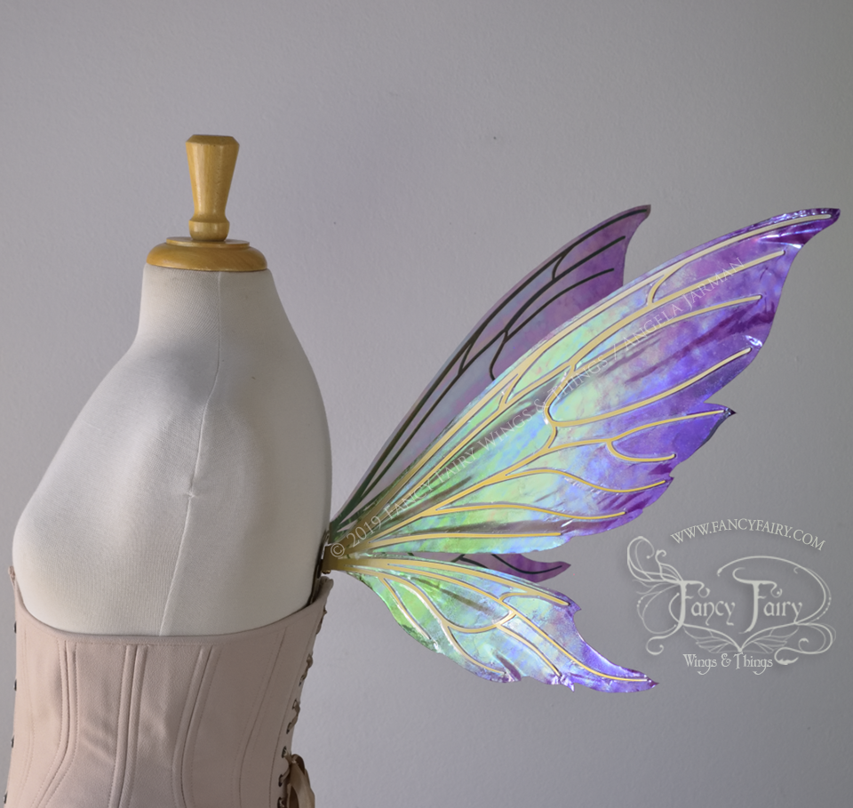 Econo Aynia Iridescent Convertible Fairy Wings Painted in Purple & Green with Candy Gold veins