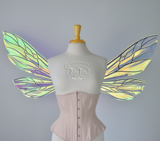 Transparent iridescent wasp-like fairy wings with black veins worn on a dress form, front view