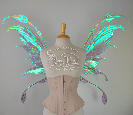 Fauna Iridescent Convertible Fairy Wings in Aquamarine with Candy Coat Gold veins