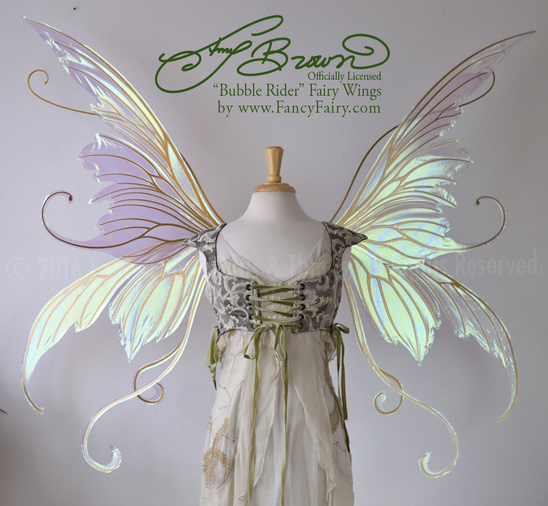 Giant Amy Brown Bubble Rider Iridescent Fairy Wings in Satin White Iridescent with Gold veins