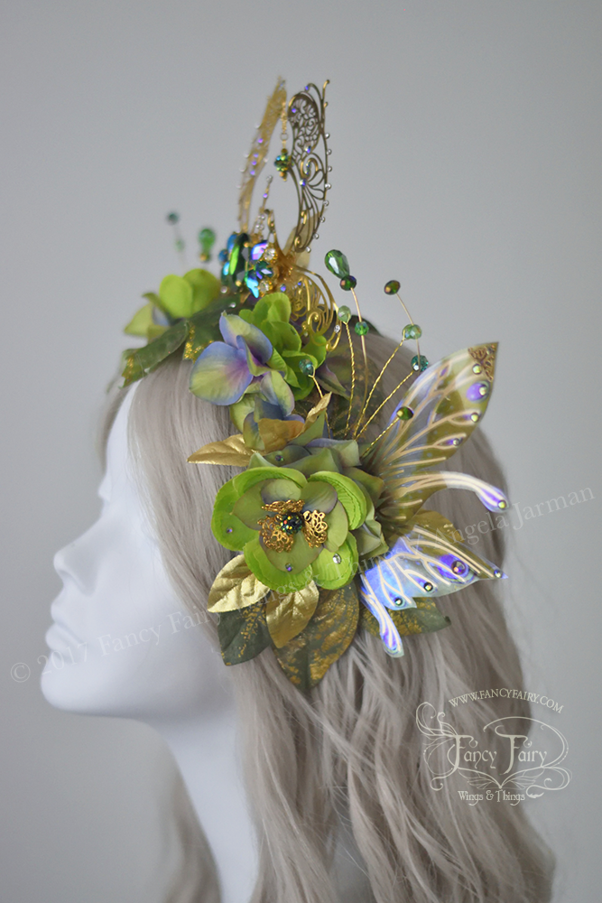 Green & Gold Absinthe Filigree Fairy Crown / Headdress with Salome wings