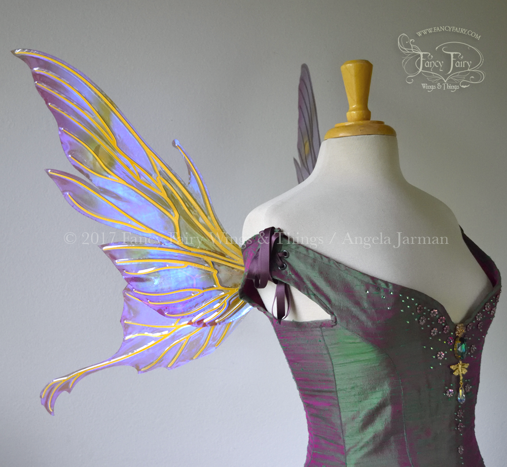 Morgana Painted Iridescent Fairy Wings in Lavender and Green with Gold Veins