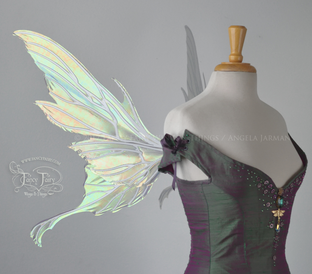 Morgana Iridescent Fairy Wings in Patina Green with Pearl Veins
