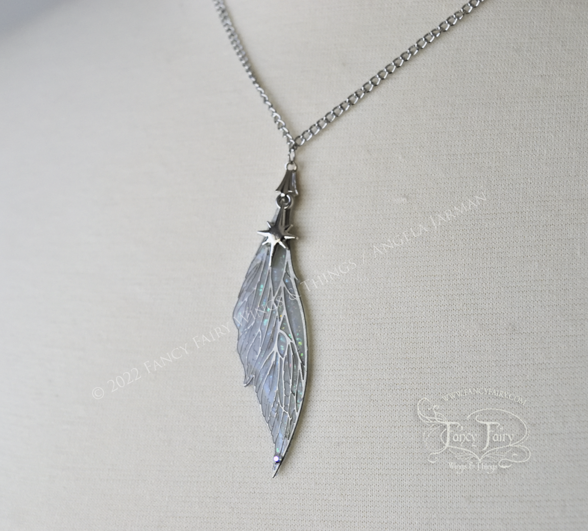 Colette Fairy Wing Necklace in Silver and Faux Opal - Left Facing, Irregular, 18 Inch Chain