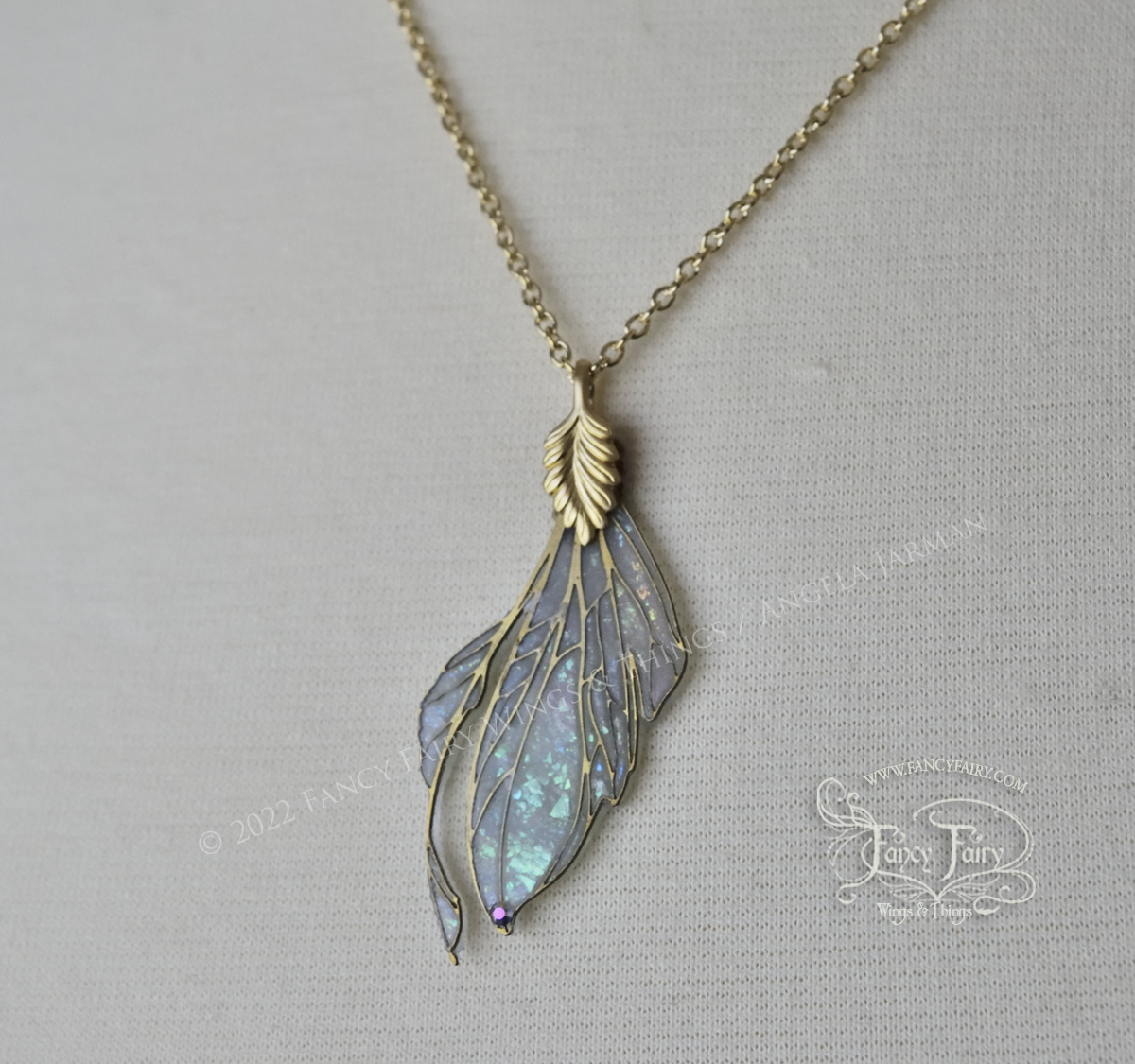 Datura Fairy Wing Necklace in Brass and Faux Opal - Right Facing - Irregular