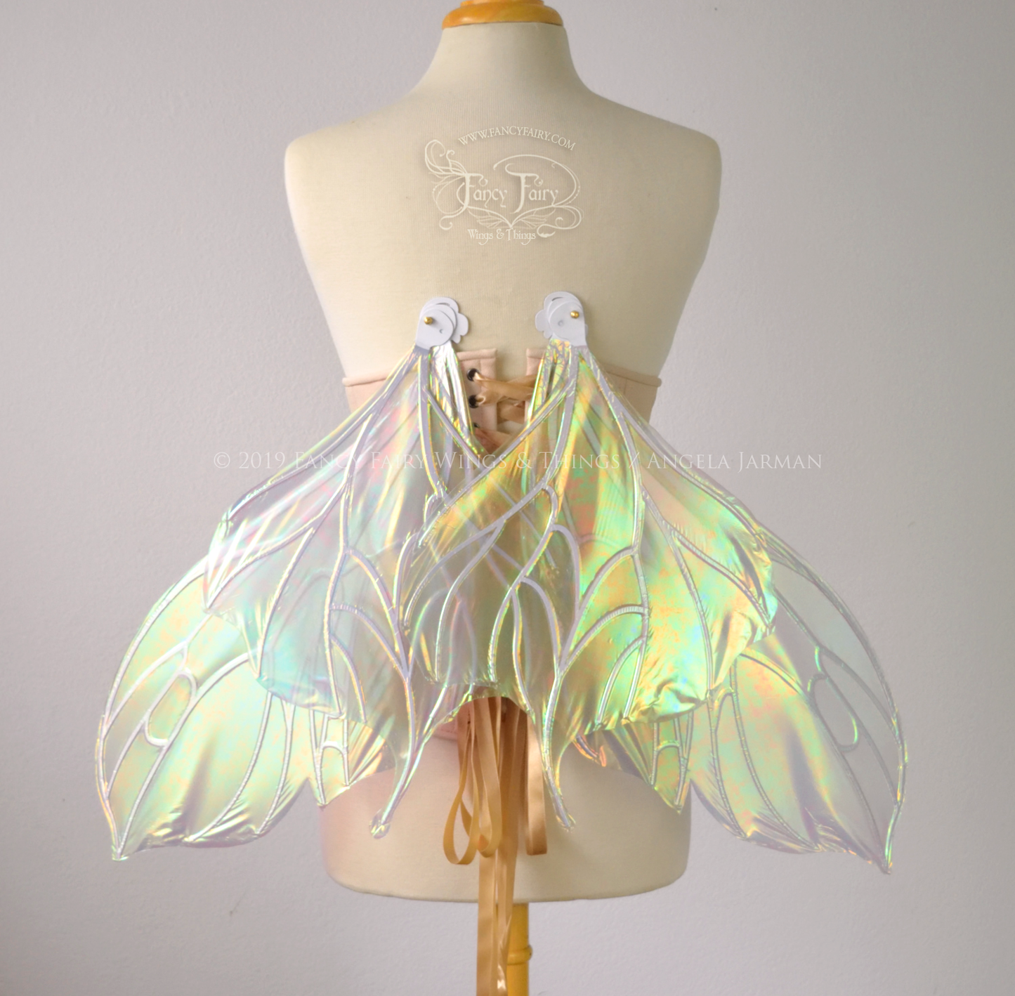 Back view of an ivory dress form wearing an alabaster underbust corset & large iridescent fairy wings with a sort of butterfly shape in resting position. The veins are white