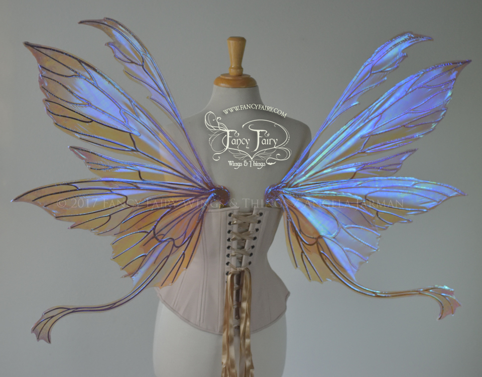 Aynia / Guinevere "Sugar Plum Fairy Queen" Iridescent Fairy Wings with Gold Veins, Flocking and Swarovski Crystals