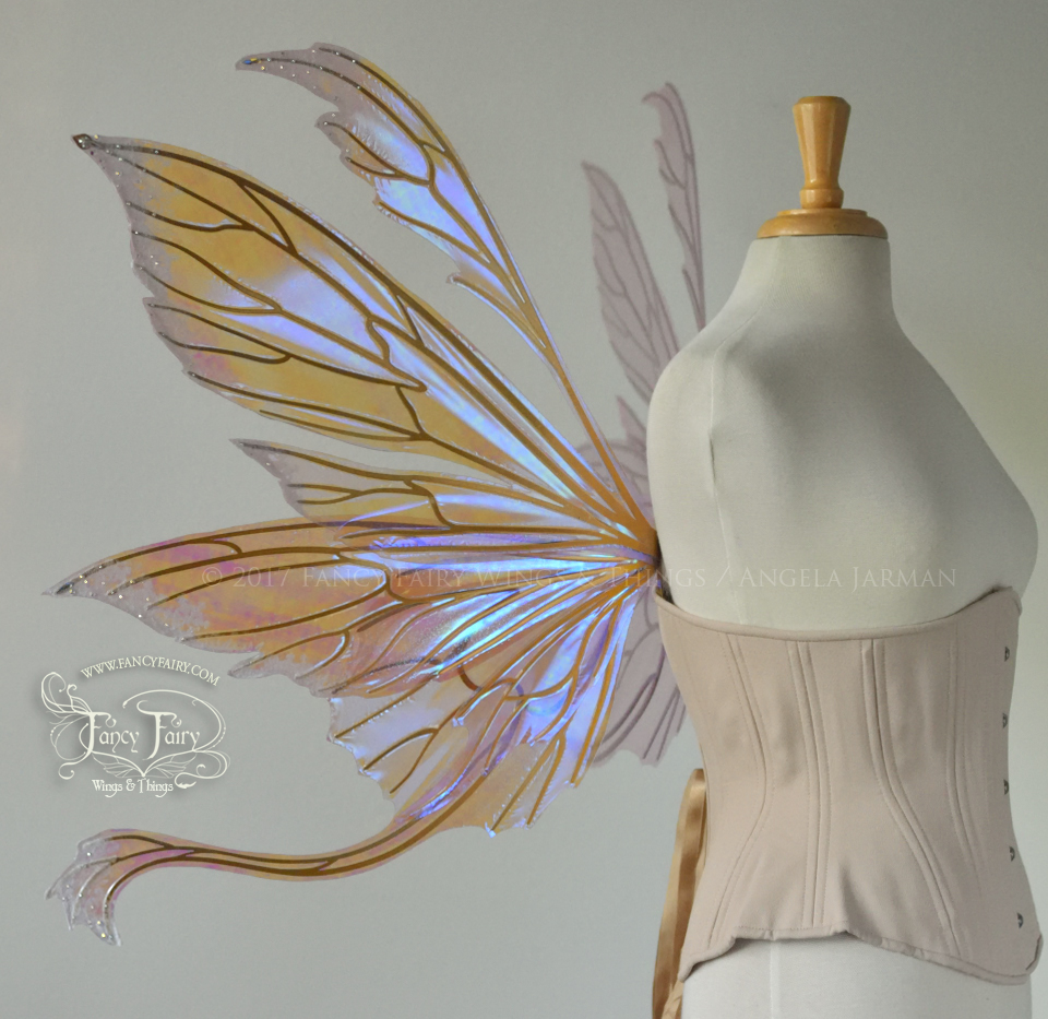 Aynia / Guinevere "Sugar Plum Fairy Queen" Iridescent Fairy Wings with Gold Veins, Flocking and Swarovski Crystals