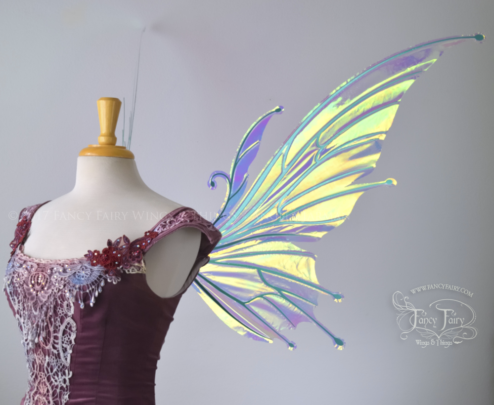 Extra Large / Giant Flora Iridescent Fairy Wings in Clear Diamond Fire with Green Veins