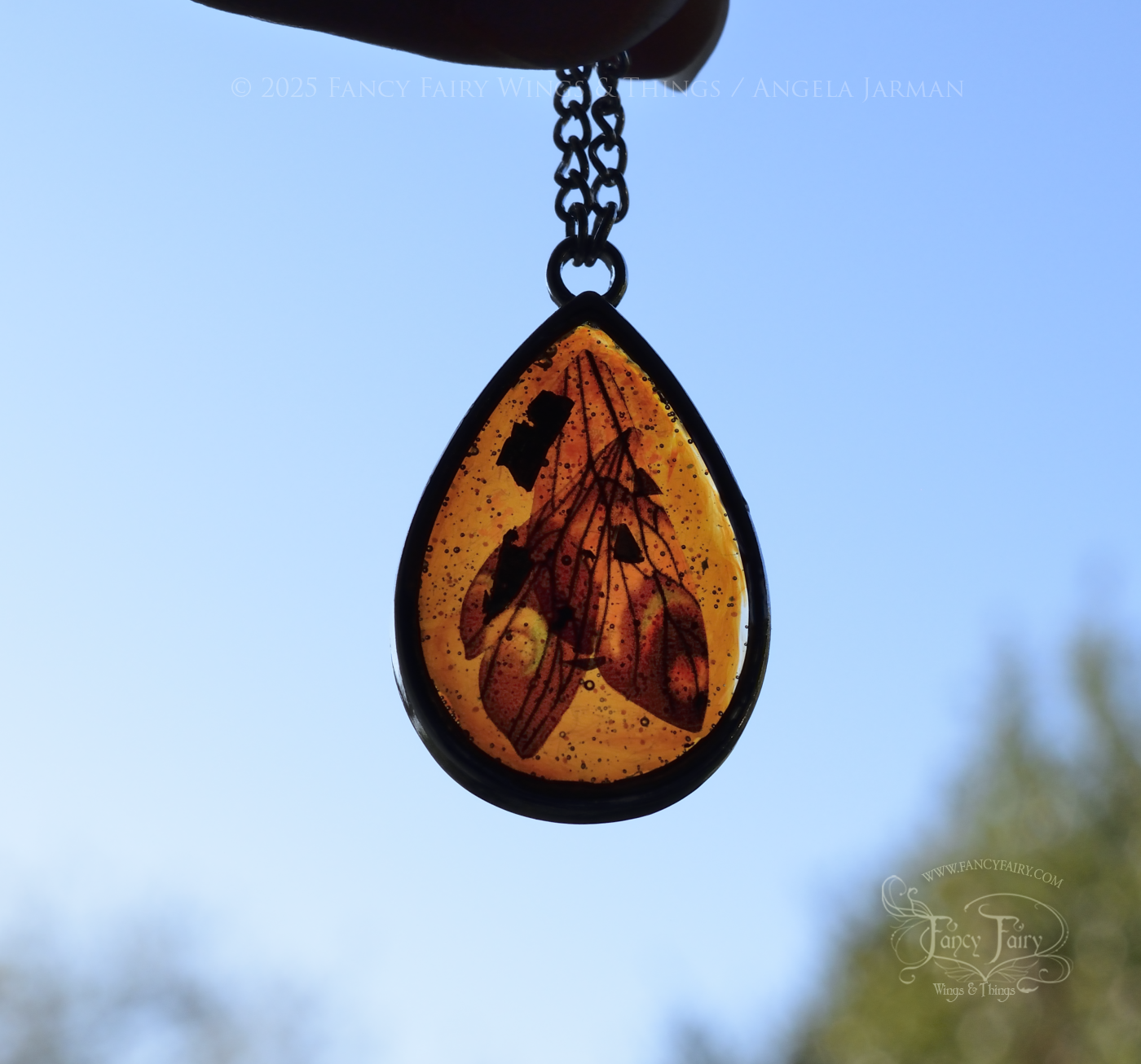 Ellette 'Plum' Faux Fairy Wing in Amber Specimen Necklace With Silver Chain