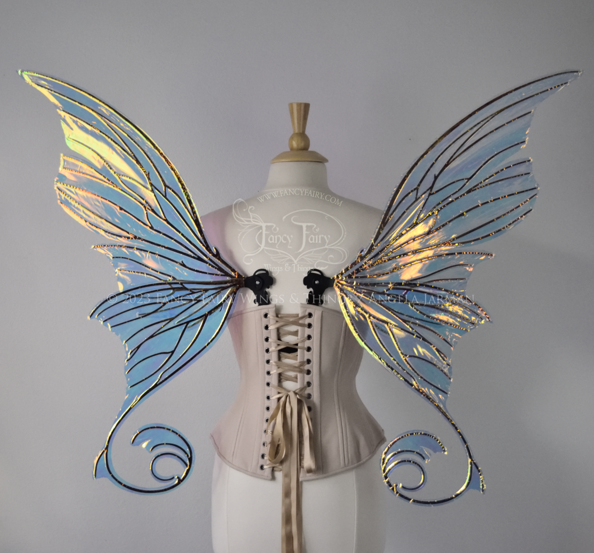 Aphrodite Iridescent Fairy Wings in Clear Diamond Fire with Black Veins, Ready to Ship