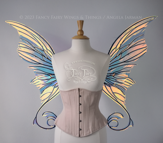 Aphrodite Iridescent Fairy Wings in Clear Diamond Fire with Black Veins, Ready to Ship